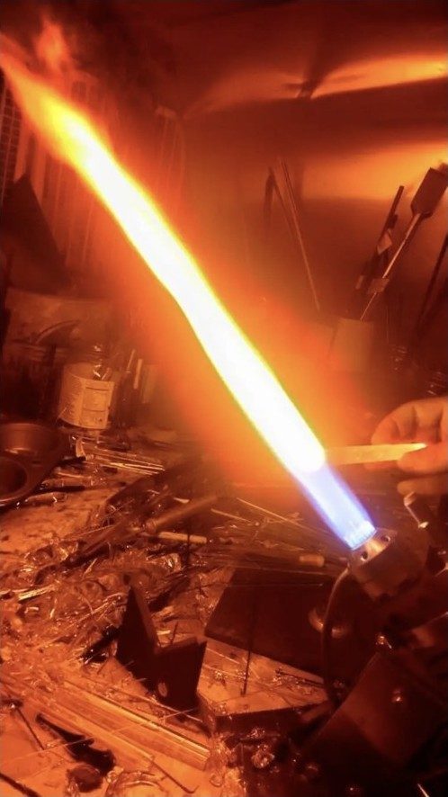 Large torch flame at the borosilicate glass bench