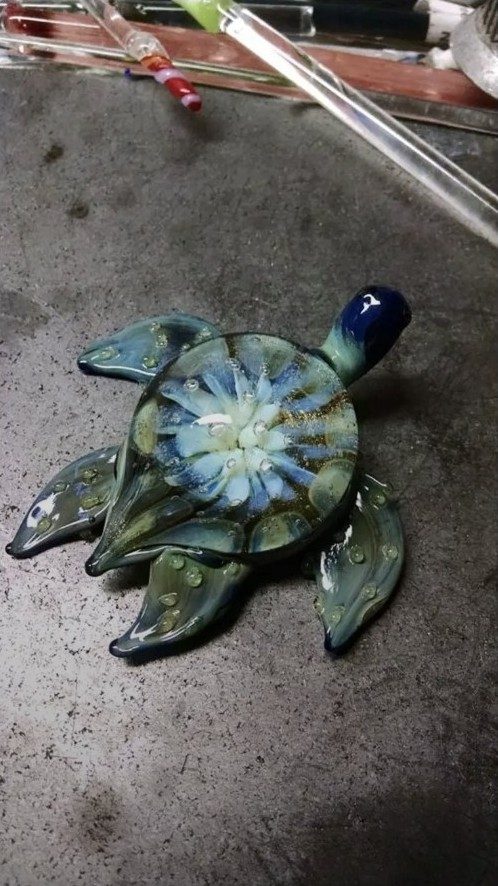 Blue-green borosilicate glass turtle with a radial flower shell by Jose Valdes