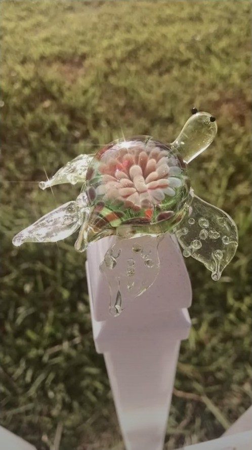 Clear borosilicate glass turtle with a pink flower shell by Jose Valdes