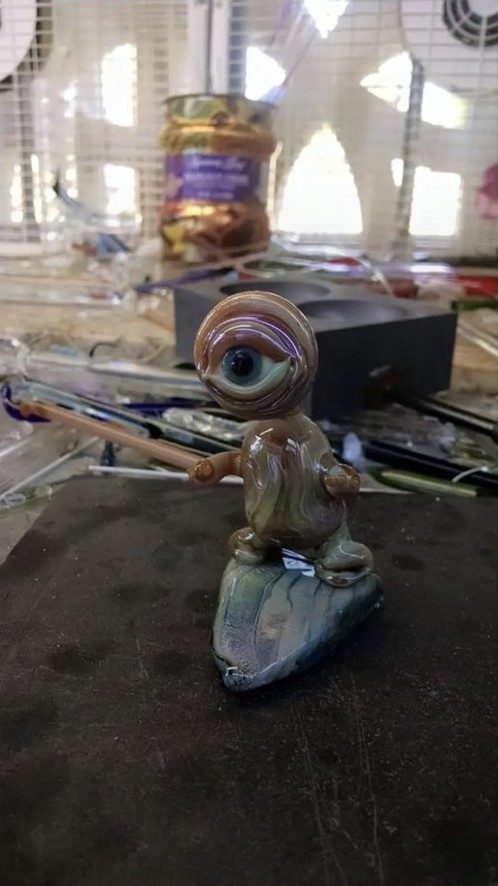Early experimental one-eyed borosilicate glass figure by Jose Valdes