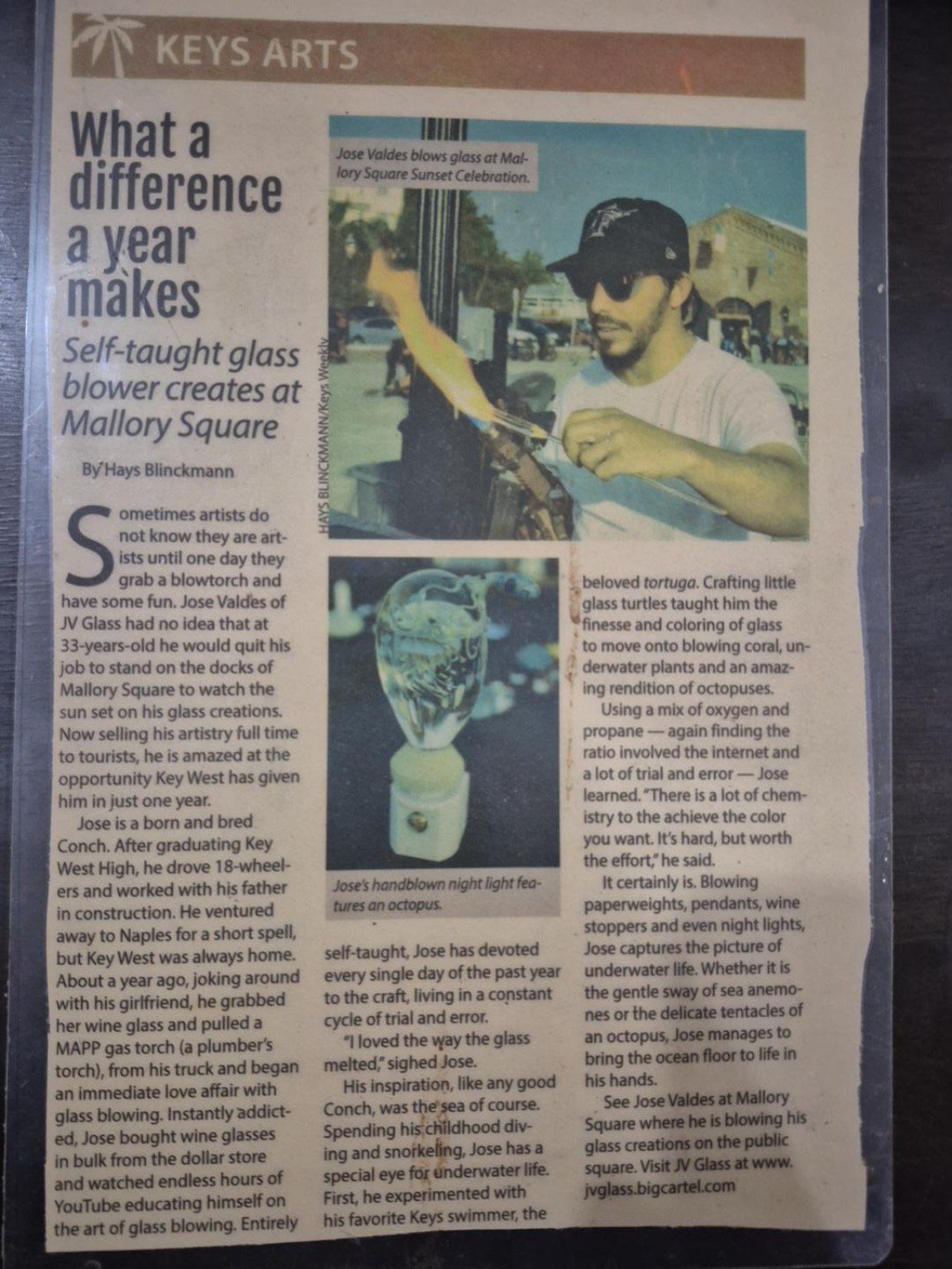Newspaper feature about Jose Valdes and glassblowing at Mallory Square